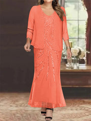 Sheath Column V Neck Ankle Length Plus Size Mother Of The Bride Dresses With Jacket Sequins Beading