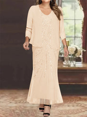 Sheath Column V Neck Ankle Length Plus Size Mother Of The Bride Dresses With Jacket Sequins Beading