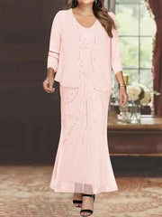 Sheath Column V Neck Ankle Length Plus Size Mother Of The Bride Dresses With Jacket Sequins Beading