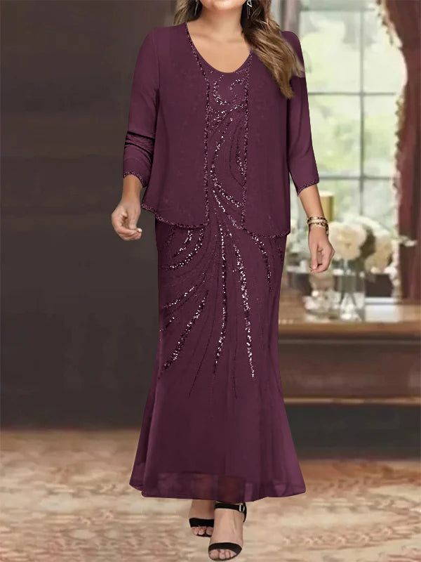 Sheath Column V Neck Ankle Length Plus Size Mother Of The Bride Dresses With Jacket Sequins Beading