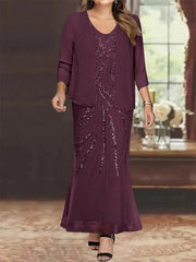 Sheath Column V Neck Ankle Length Plus Size Mother Of The Bride Dresses With Jacket Sequins Beading
