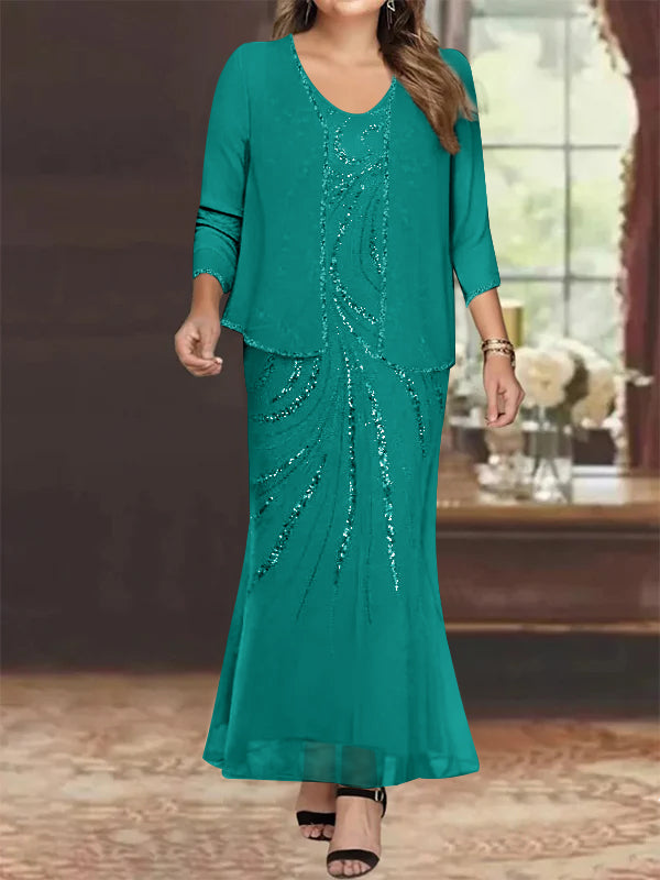 Sheath Column V Neck Ankle Length Plus Size Mother Of The Bride Dresses With Jacket Sequins Beading