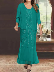 Sheath Column V Neck Ankle Length Plus Size Mother Of The Bride Dresses With Jacket Sequins Beading
