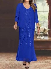 Sheath Column V Neck Ankle Length Plus Size Mother Of The Bride Dresses With Jacket Sequins Beading