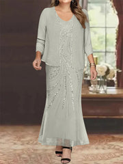 Sheath Column V Neck Ankle Length Plus Size Mother Of The Bride Dresses With Jacket Sequins Beading