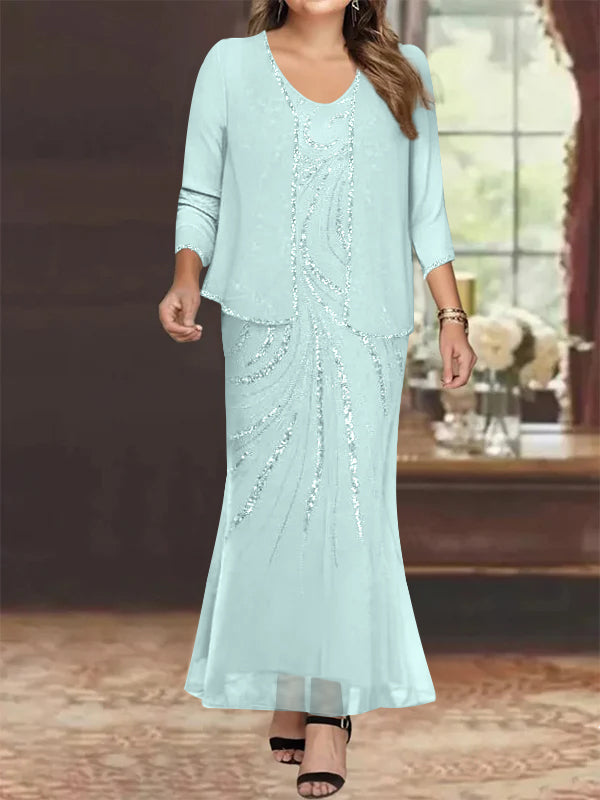 Sheath Column V Neck Ankle Length Plus Size Mother Of The Bride Dresses With Jacket Sequins Beading