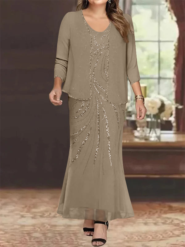 Sheath Column V Neck Ankle Length Plus Size Mother Of The Bride Dresses With Jacket Sequins Beading