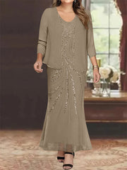 Sheath Column V Neck Ankle Length Plus Size Mother Of The Bride Dresses With Jacket Sequins Beading