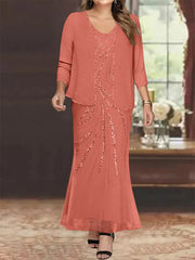 Sheath Column V Neck Ankle Length Plus Size Mother Of The Bride Dresses With Jacket Sequins Beading