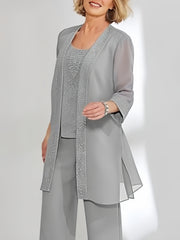 Chiffon Sequins Scoop Ankle Length Mother Of The Bride Pantsuits With Jacket