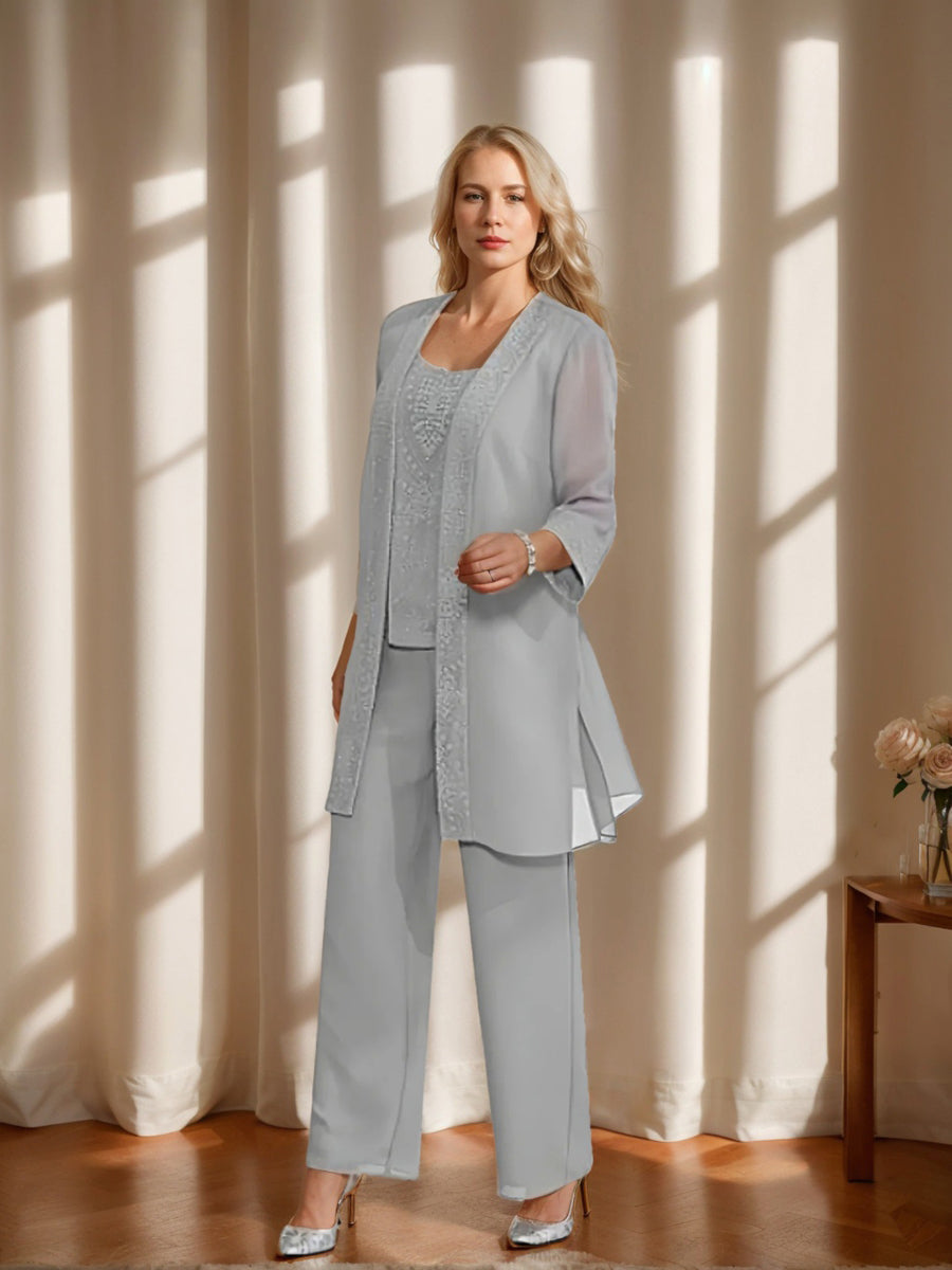 Chiffon Sequins Scoop Ankle Length Mother Of The Bride Pantsuits With Jacket