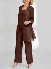 Chiffon Sequins Scoop Ankle Length Mother Of The Bride Pantsuits With Jacket