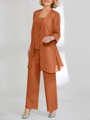 Chiffon Sequins Scoop Ankle Length Mother Of The Bride Pantsuits With Jacket