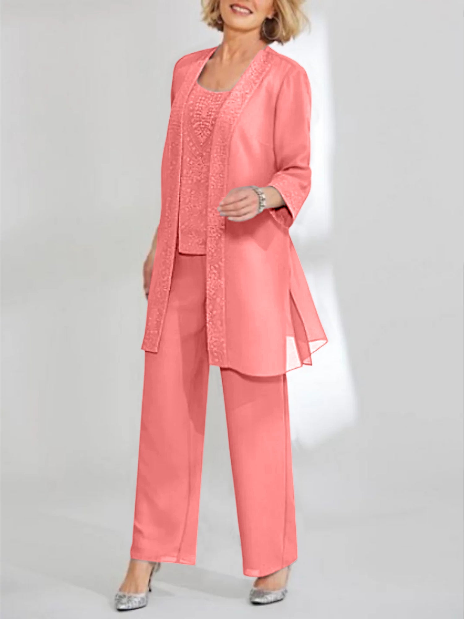 Chiffon Sequins Scoop Ankle Length Mother Of The Bride Pantsuits With Jacket