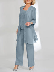 Chiffon Sequins Scoop Ankle Length Mother Of The Bride Pantsuits With Jacket