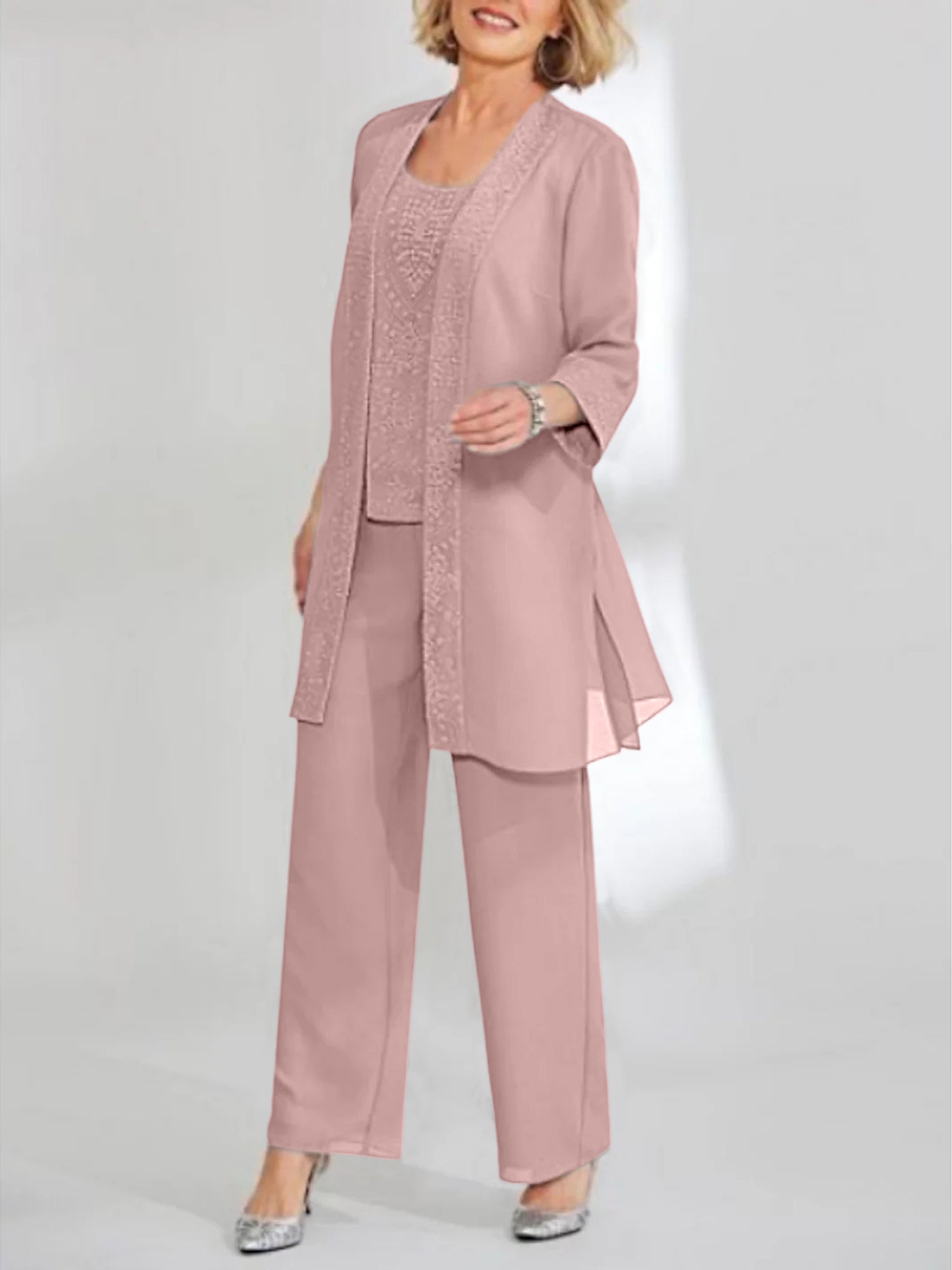 Chiffon Sequins Scoop Ankle Length Mother Of The Bride Pantsuits With Jacket