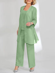 Chiffon Sequins Scoop Ankle-Length Mother of the Bride Pantsuits with Jacket