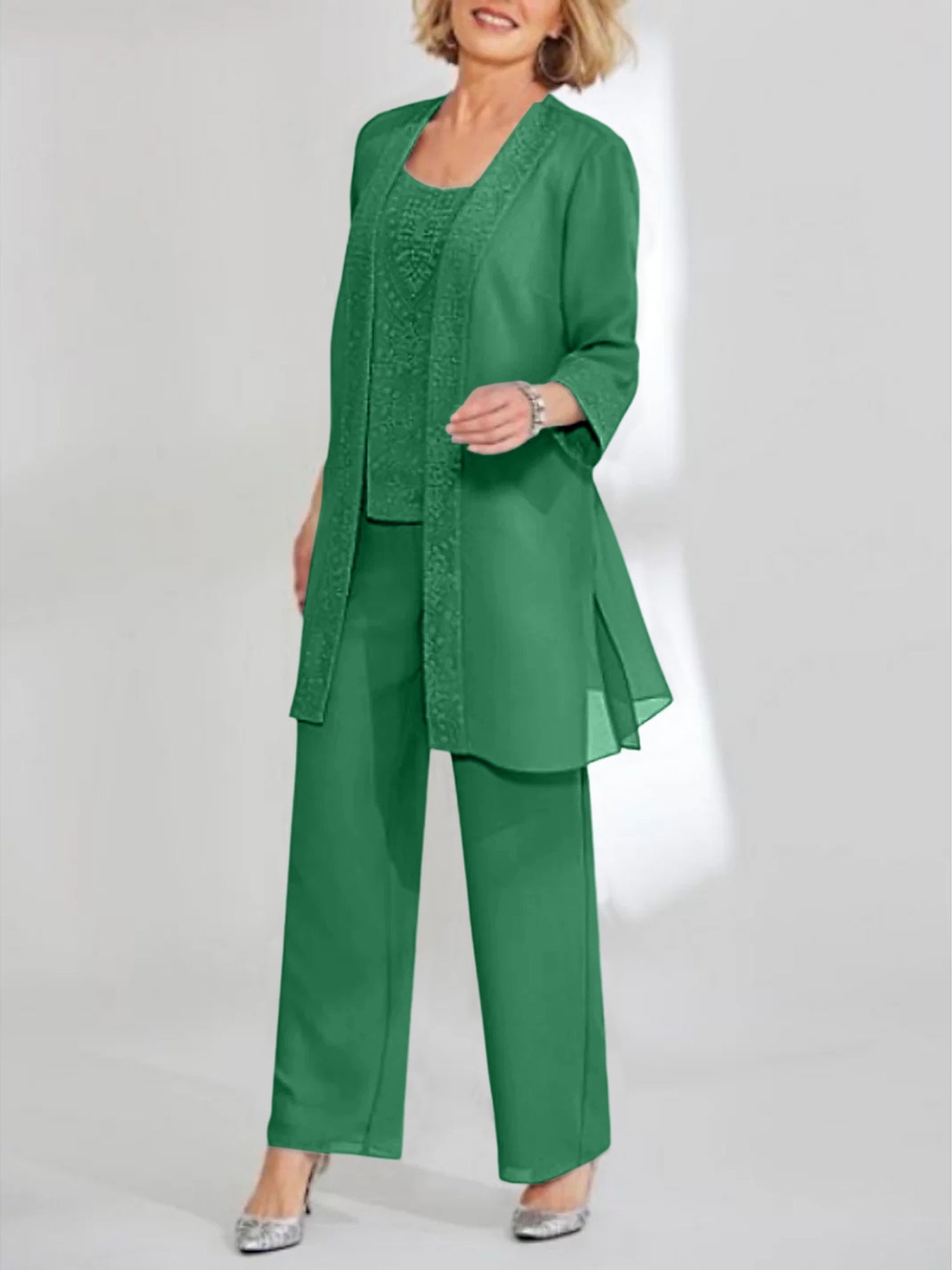 Chiffon Sequins Scoop Ankle Length Mother Of The Bride Pantsuits With Jacket