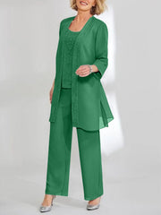 Chiffon Sequins Scoop Ankle-Length Mother of the Bride Pantsuits with Jacket
