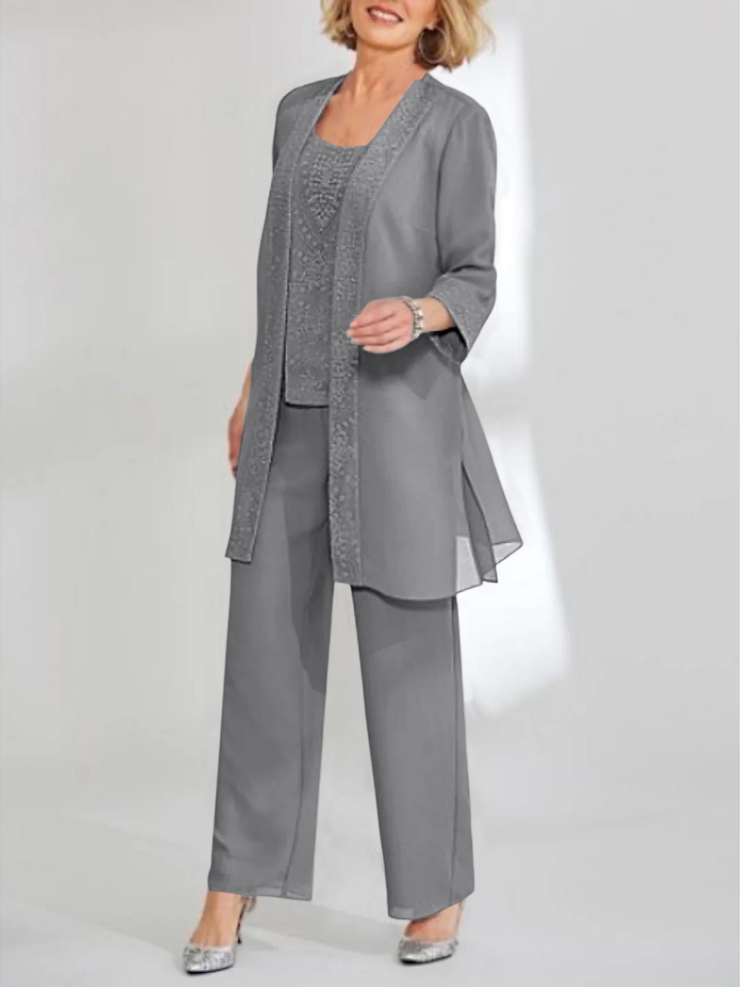 Chiffon Sequins Scoop Ankle Length Mother Of The Bride Pantsuits With Jacket