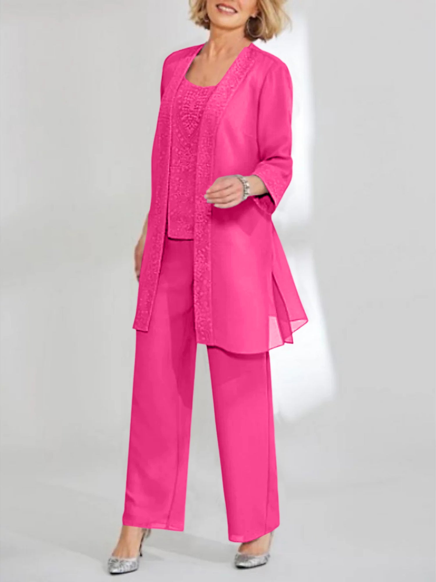Chiffon Sequins Scoop Ankle Length Mother Of The Bride Pantsuits With Jacket
