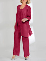 Chiffon Sequins Scoop Ankle Length Mother Of The Bride Pantsuits With Jacket