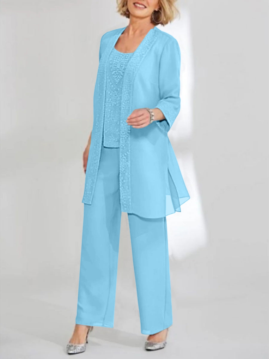 Chiffon Sequins Scoop Ankle Length Mother Of The Bride Pantsuits With Jacket