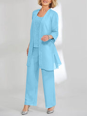 Chiffon Sequins Scoop Ankle-Length Mother of the Bride Pantsuits with Jacket