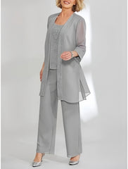 Chiffon Sequins Scoop Ankle Length Mother Of The Bride Pantsuits With Jacket