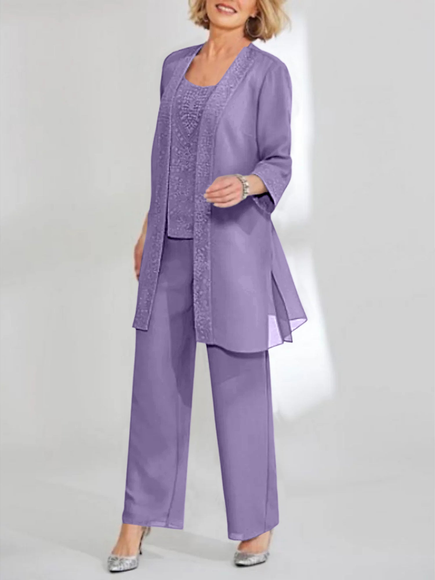 Chiffon Sequins Scoop Ankle Length Mother Of The Bride Pantsuits With Jacket
