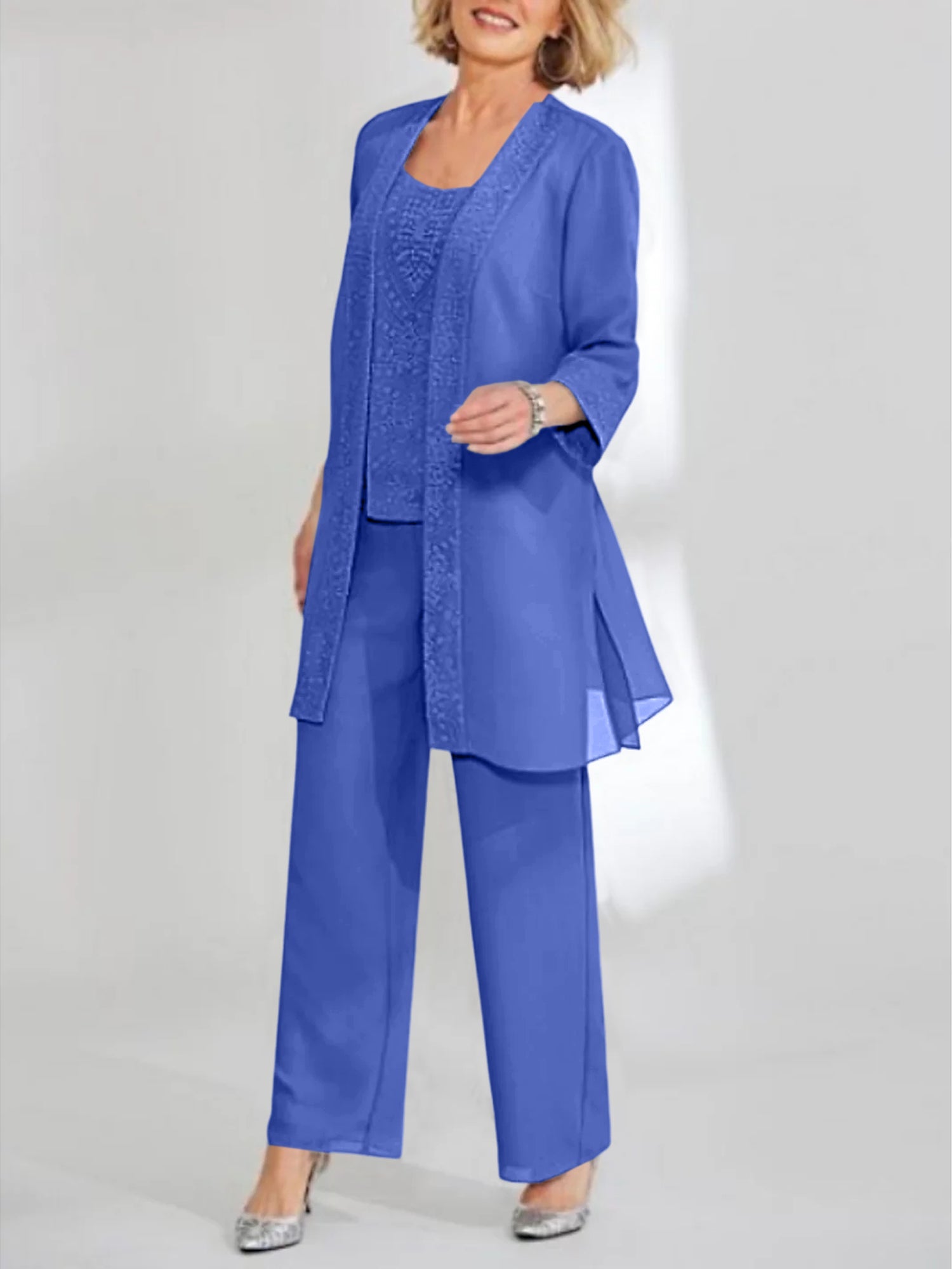 Chiffon Sequins Scoop Ankle Length Mother Of The Bride Pantsuits With Jacket