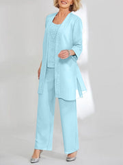 Chiffon Sequins Scoop Ankle Length Mother Of The Bride Pantsuits With Jacket