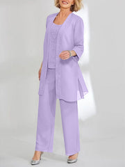 Chiffon Sequins Scoop Ankle-Length Mother of the Bride Pantsuits with Jacket