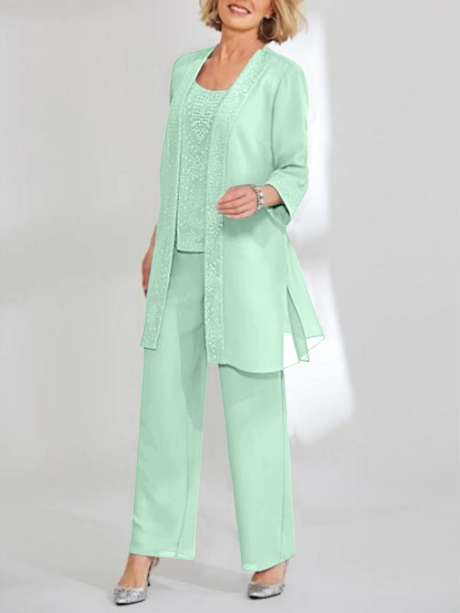 Chiffon Sequins Scoop Ankle Length Mother Of The Bride Pantsuits With Jacket