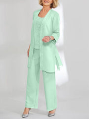 Chiffon Sequins Scoop Ankle-Length Mother of the Bride Pantsuits with Jacket