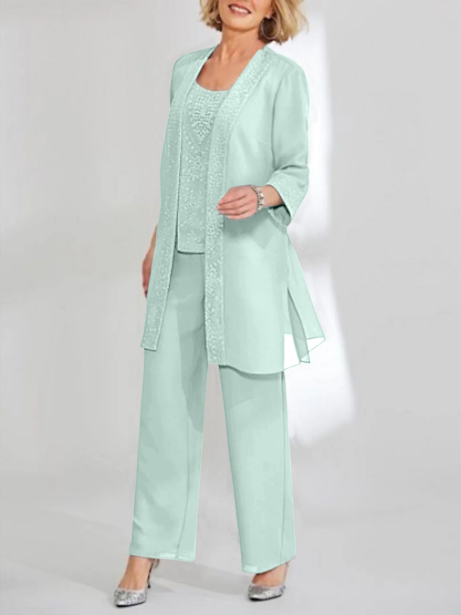 Chiffon Sequins Scoop Ankle Length Mother Of The Bride Pantsuits With Jacket
