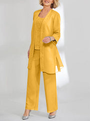 Chiffon Sequins Scoop Ankle Length Mother Of The Bride Pantsuits With Jacket