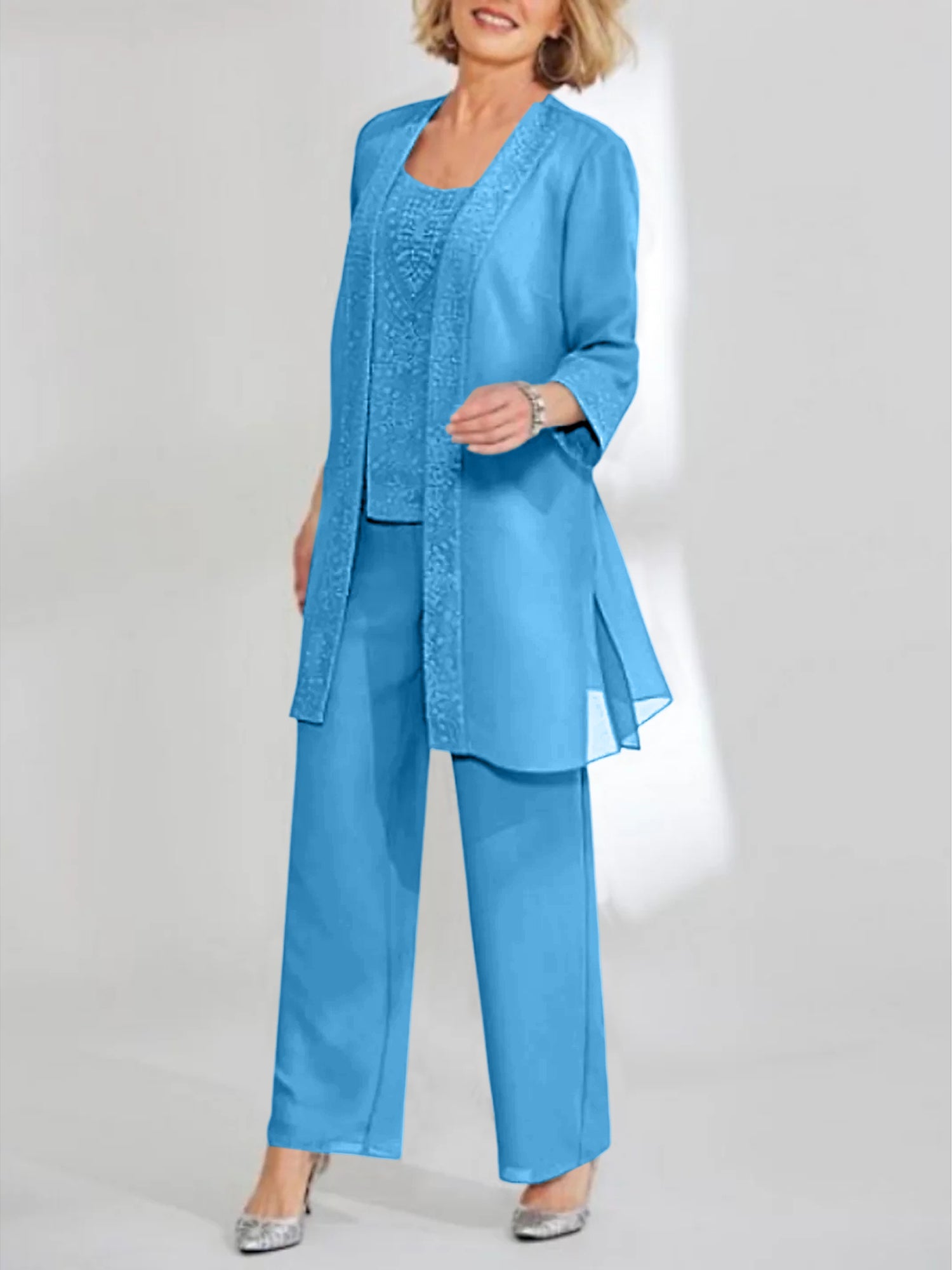 Chiffon Sequins Scoop Ankle Length Mother Of The Bride Pantsuits With Jacket
