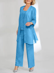 Chiffon Sequins Scoop Ankle Length Mother Of The Bride Pantsuits With Jacket