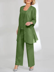 Chiffon Sequins Scoop Ankle Length Mother Of The Bride Pantsuits With Jacket