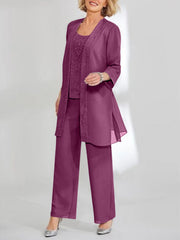 Chiffon Sequins Scoop Ankle Length Mother Of The Bride Pantsuits With Jacket