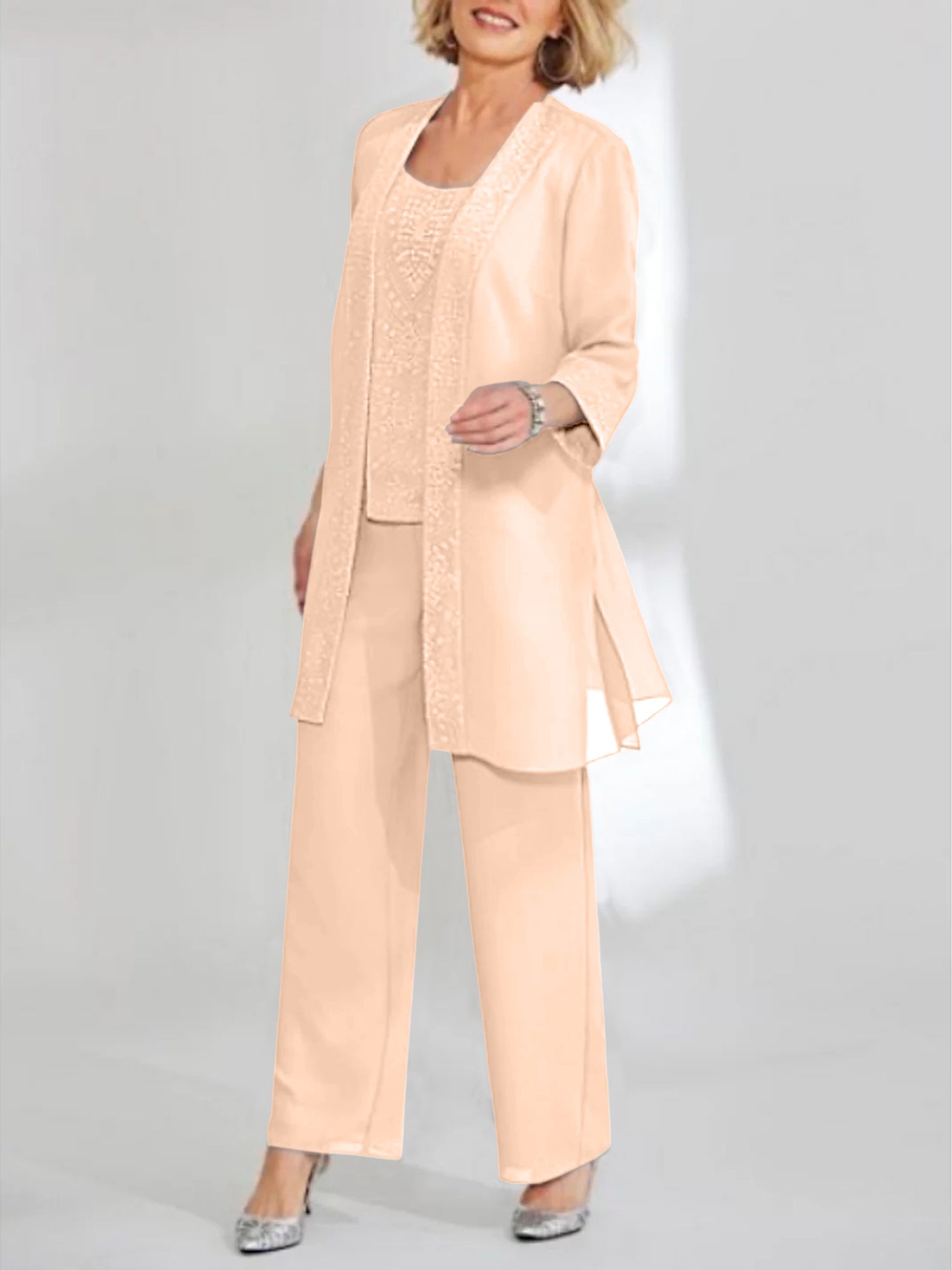 Chiffon Sequins Scoop Ankle Length Mother Of The Bride Pantsuits With Jacket