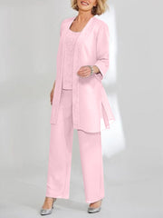 Chiffon Sequins Scoop Ankle Length Mother Of The Bride Pantsuits With Jacket