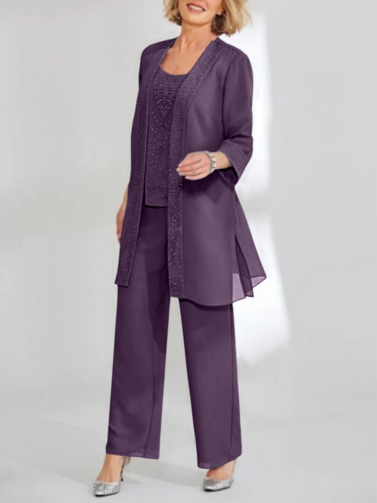 Chiffon Sequins Scoop Ankle Length Mother Of The Bride Pantsuits With Jacket