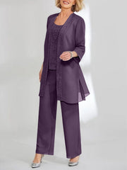 Chiffon Sequins Scoop Ankle Length Mother Of The Bride Pantsuits With Jacket