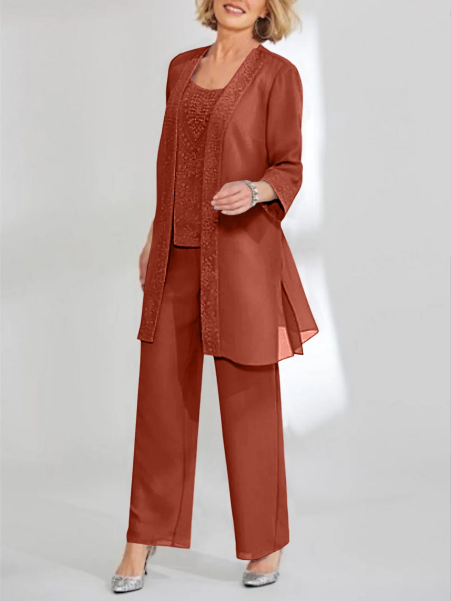 Chiffon Sequins Scoop Ankle Length Mother Of The Bride Pantsuits With Jacket