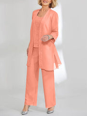 Chiffon Sequins Scoop Ankle Length Mother Of The Bride Pantsuits With Jacket