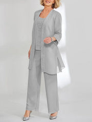 Chiffon Sequins Scoop Ankle Length Mother Of The Bride Pantsuits With Jacket