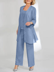Chiffon Sequins Scoop Ankle-Length Mother of the Bride Pantsuits with Jacket