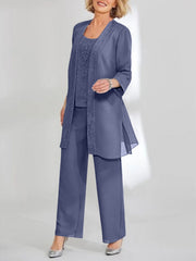 Chiffon Sequins Scoop Ankle Length Mother Of The Bride Pantsuits With Jacket